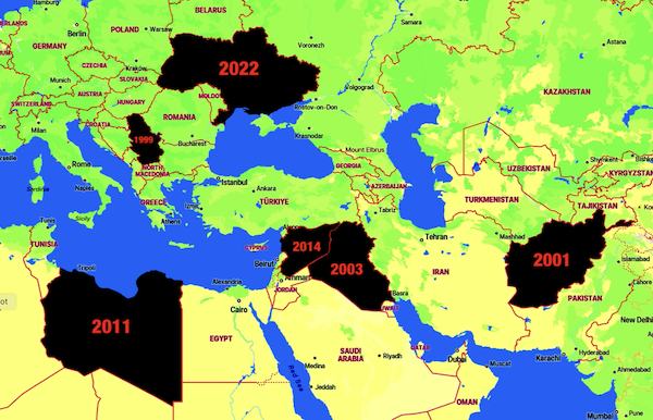 Serbia, Afghanistan, Iraq, Libya, Syria, Ukraine